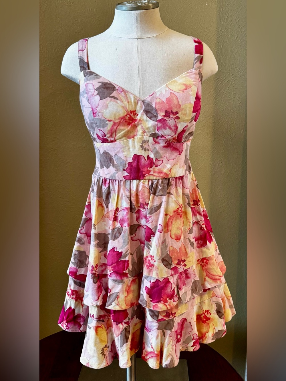 Windsor Linen-Blend Floral Tiered Sundress in Pink, Yellow & Gray
